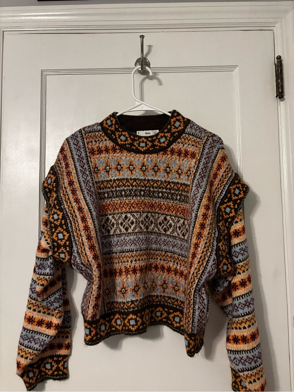 Mango Multicolor Fair Isle Crewneck Sweater — Black, Orange, Light Blue